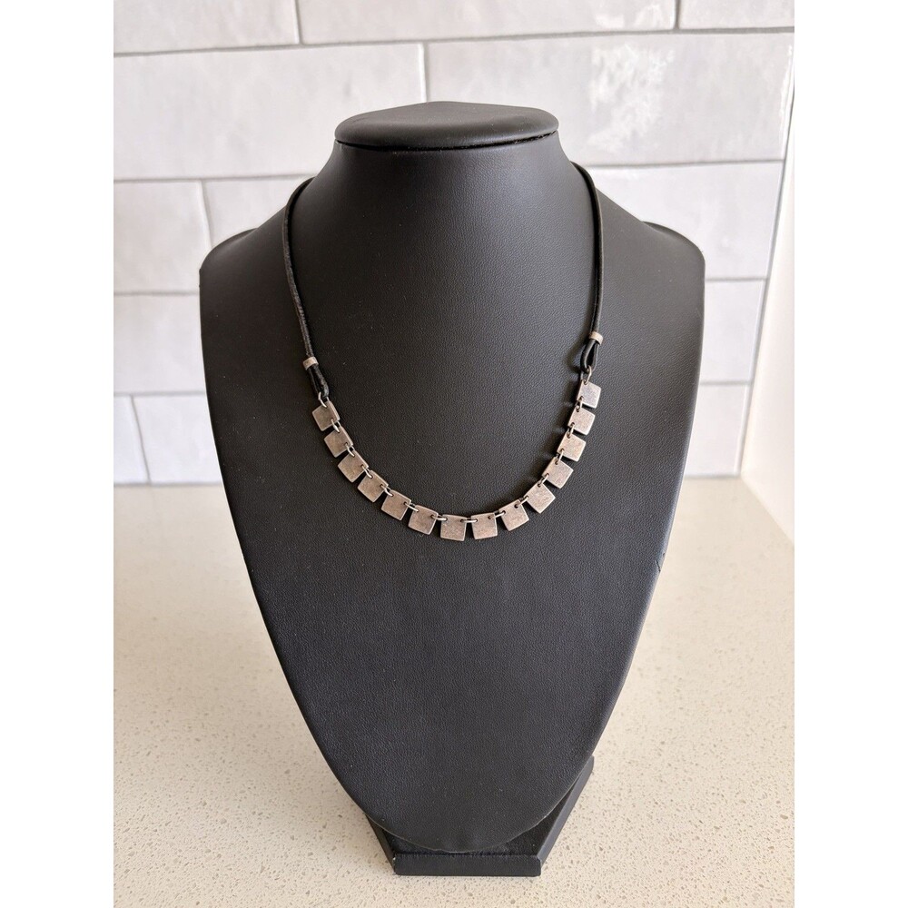 925 Sterling Silver Geometric Rectangular Link Black Cord Necklace Modernist